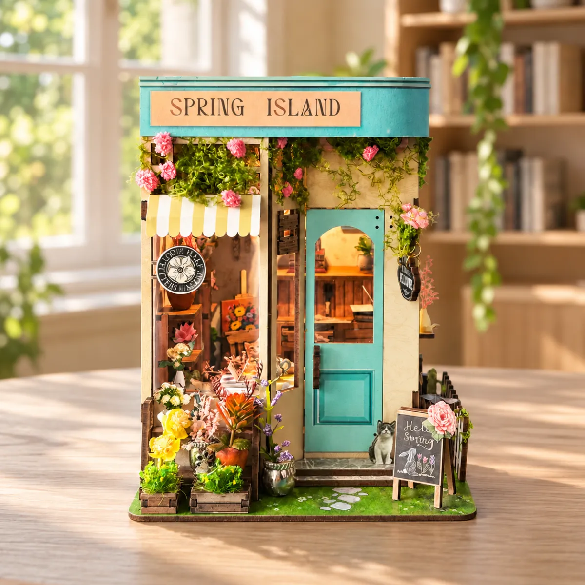 Spring Island DIY Book Nook Kit with lights on
