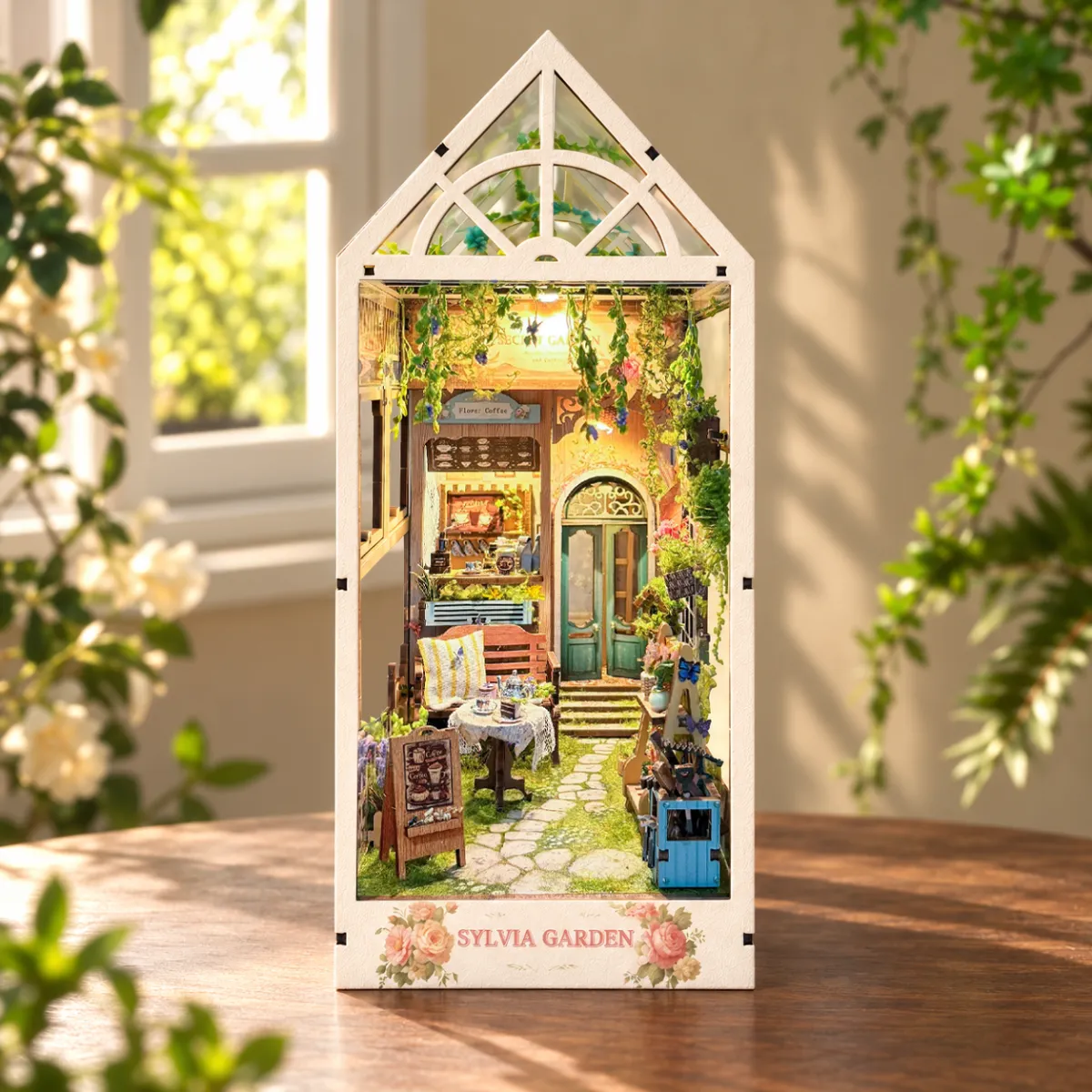 Sylvia Garden DIY Book Nook Kit with lights on