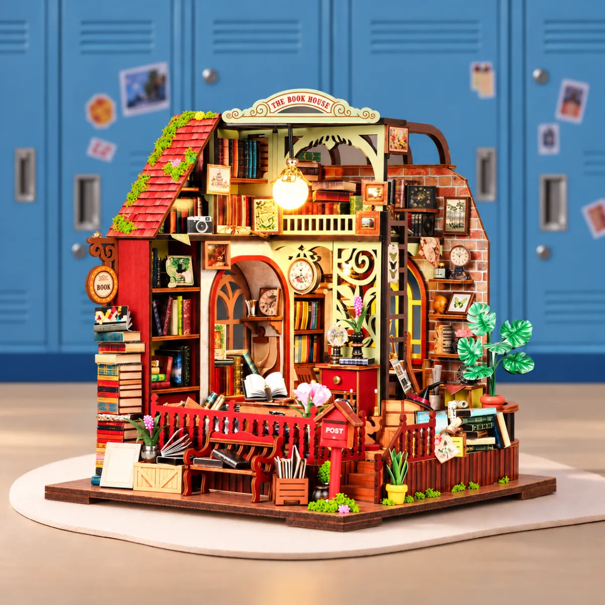 The Book House Mini House Kit l DIY Miniature Kit with lights on