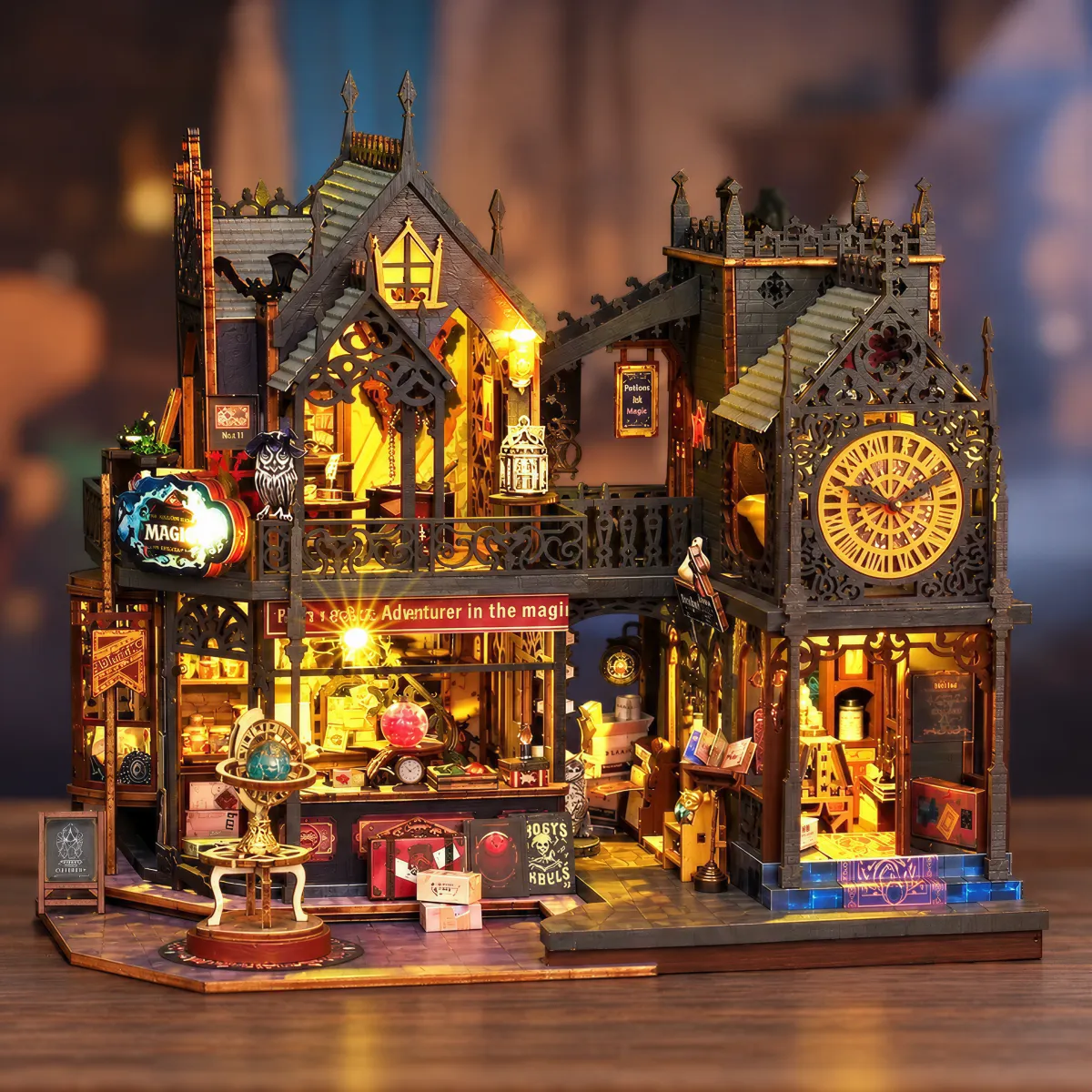 Holo Magic City DIY Miniature Dollhouse Kit with lights on