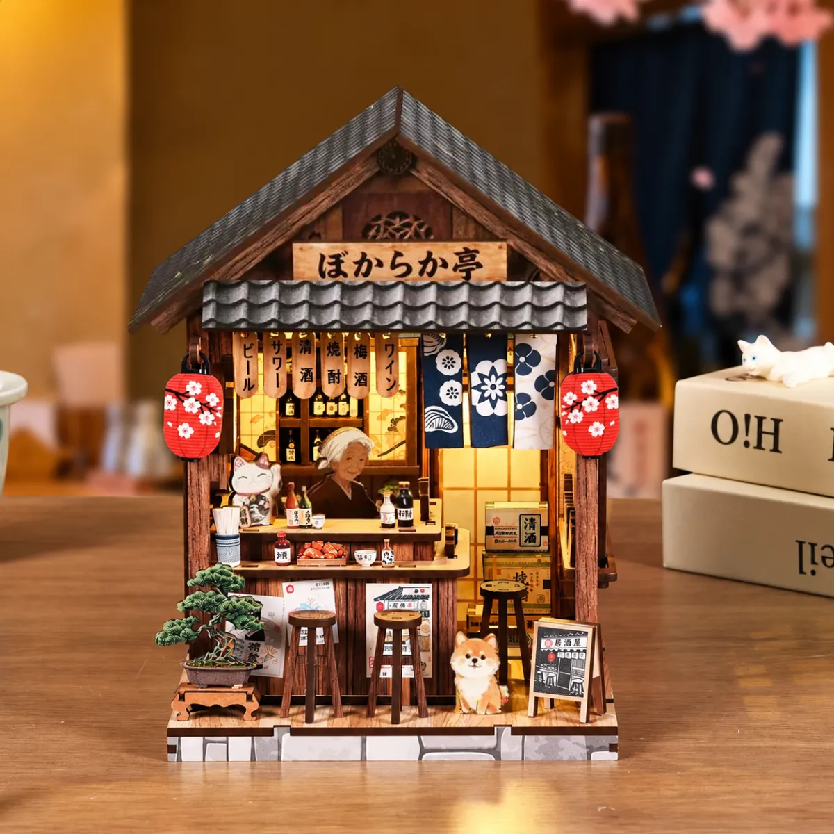 The Mellow Pub DIY Mini Book Nook Kit with lights on