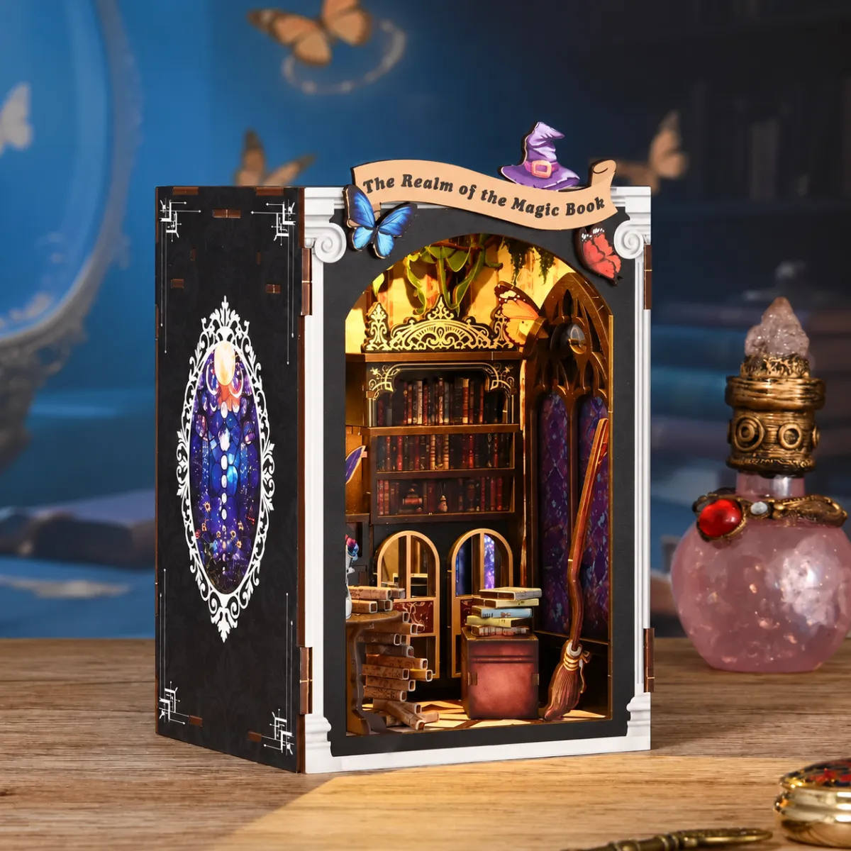 The Realm Of The Magic Book DIY Book Nook with lights on