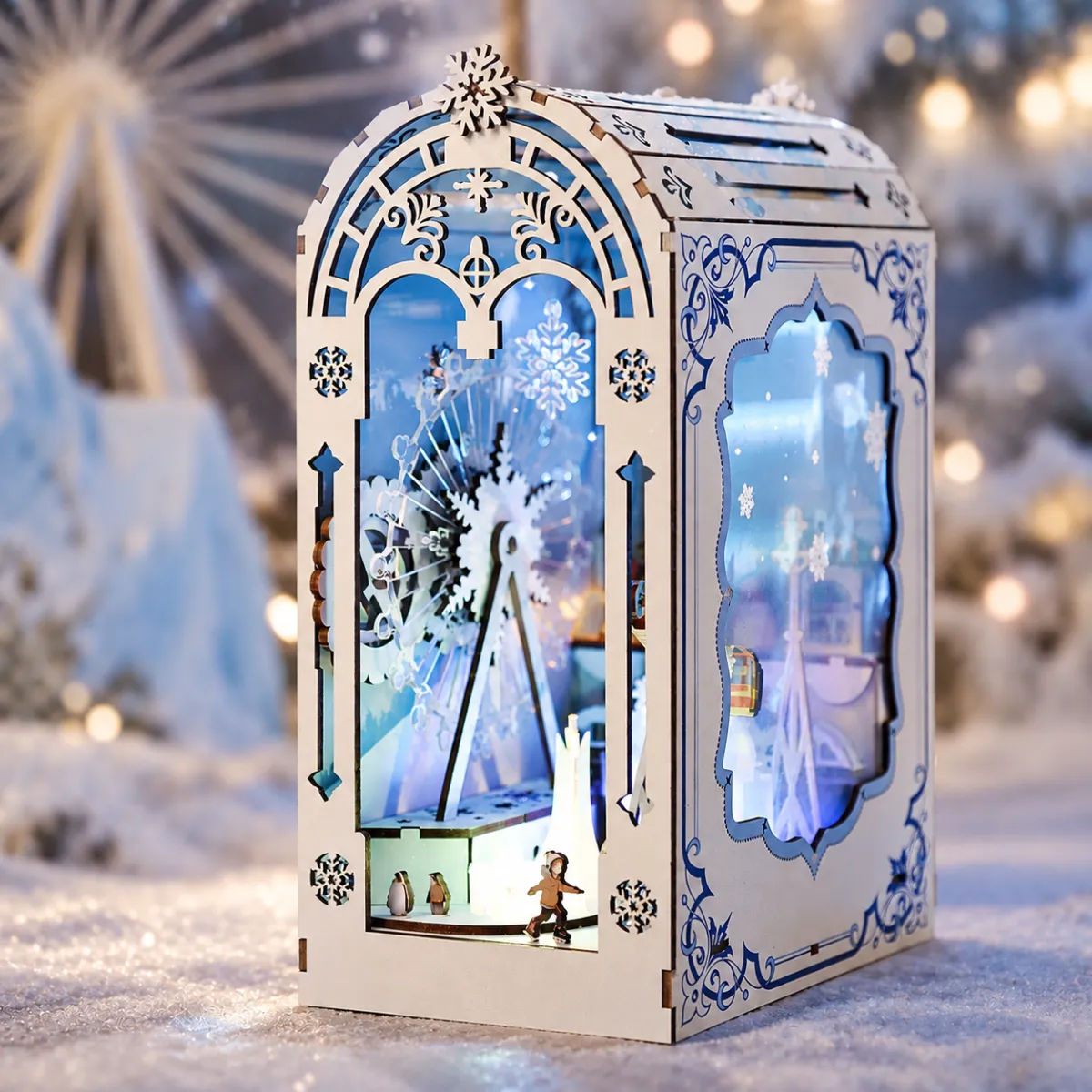 Frozen Realms: The Enchanted Ice World DIY Book Nook Kit with lights on
