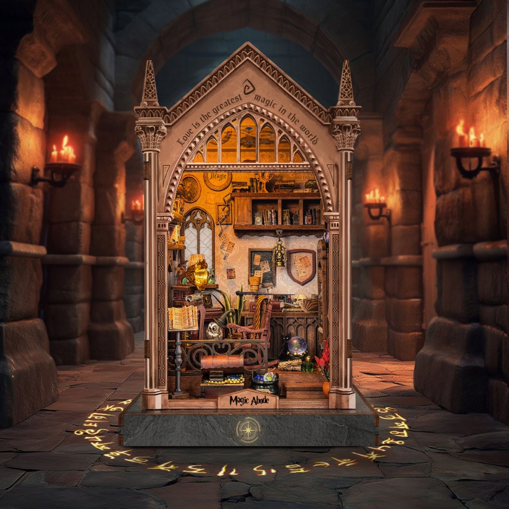 A wooden desk with scrolls, books, maps, quills, potions, and magical artifacts. A chair and several shelves filled with tomes, curiosities, potions, and decorative pieces.