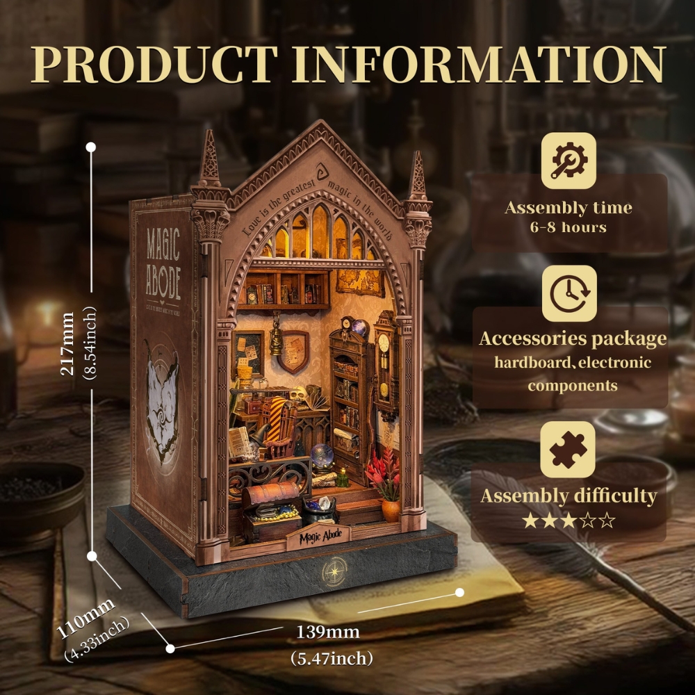 Wall décor like shields, framed pictures, maps, and magical symbols. A crystal ball, lanterns, candles, and other wizardly tools.