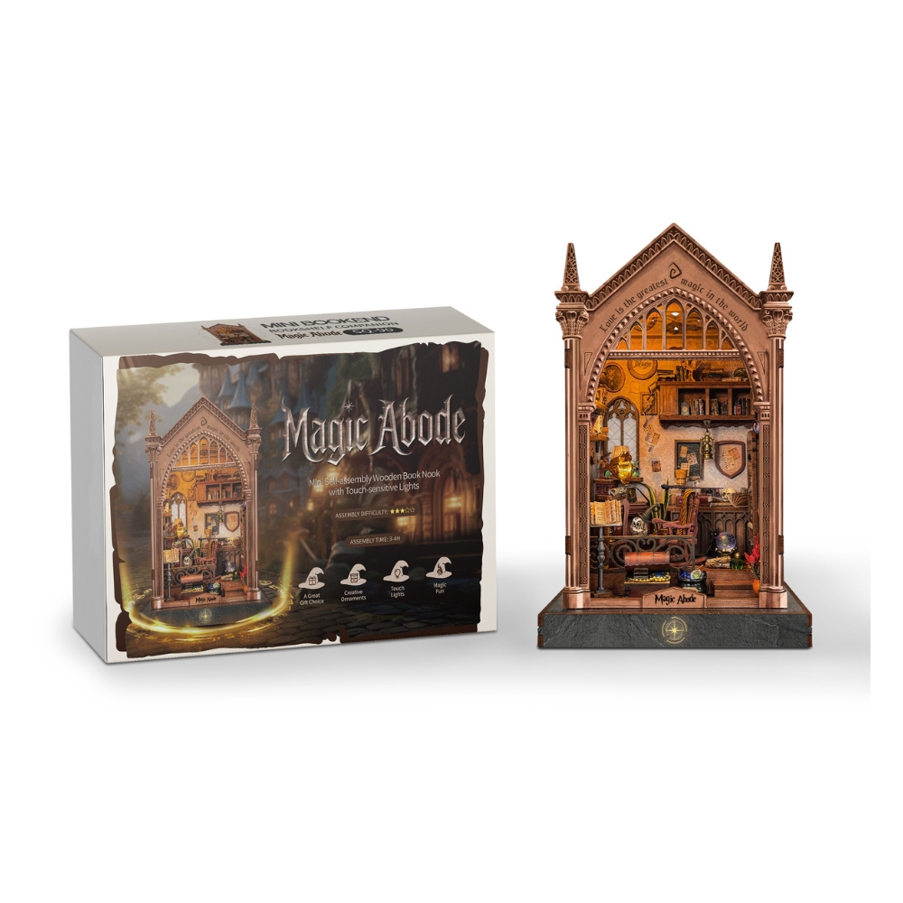 This product appears to be a high-detail miniature diorama kit themed around a fantasy wizard’s study or magic room.