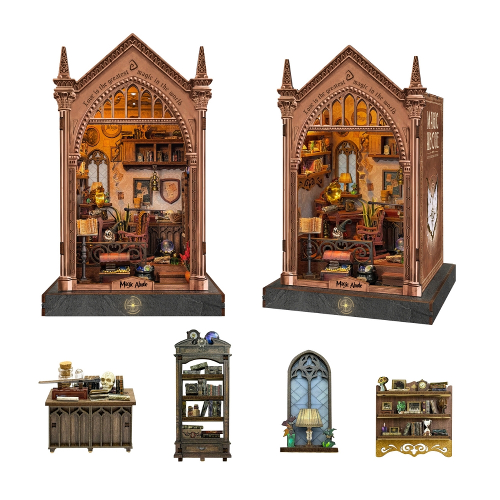 The main piece is a gothic-arched room box, resembling an old wizard’s library or study. The diorama is shown from front and angled side views, highlighting depth and detailing.