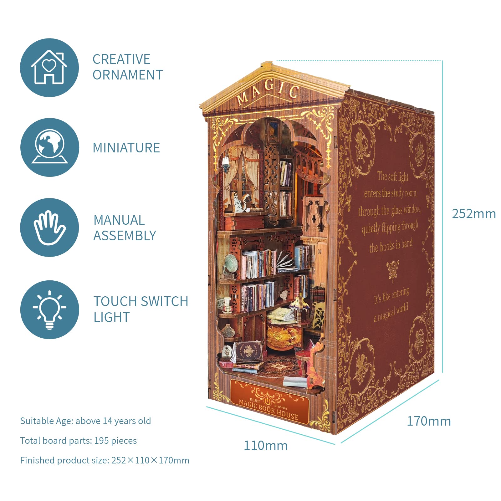 3D Wooden Magic Library Book Nook Kit - Enchanting Bookshelf Insert with  Touch LED | DIY Bookend Decor | Ideal for Adults & Teens (Library)