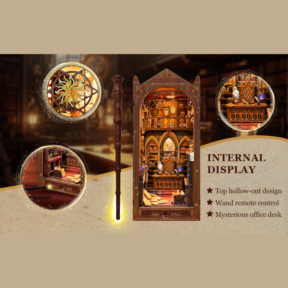 The scene captures a wizard’s study with incredible detail — arched Gothic windows, towering bookshelves, and warm amber lighting that gives the room a cozy, enchanted glow. On the desk, there are piles of parchment and scrolls, a white owl perched beside magical objects like crystals and potions, and letters scattered across the floor, as if carried by invisible magic.