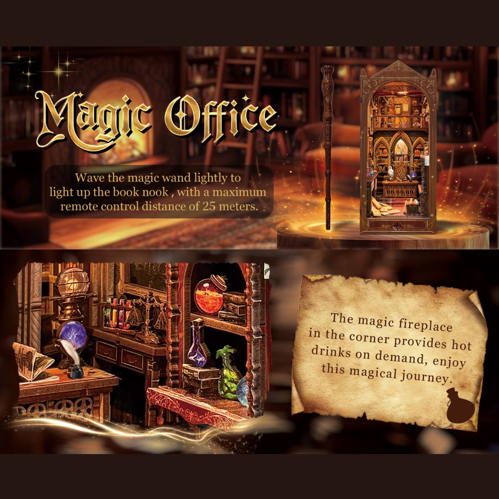 The product is a "Magic Office" book nook.
It is lit up by waving a magic wand.
The remote control has a maximum distance of 25 meters.
A "magic fireplace" in the corner provides hot drinks.