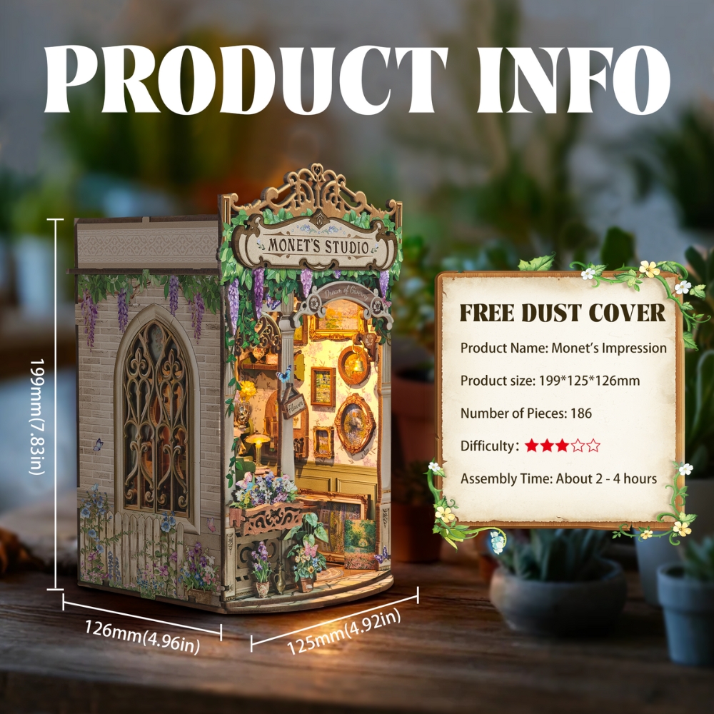 The interior is filled with miniature painter’s tools: canvases, easels, brushes, paint tubes, sketches, and a small desk. With free dust cover.