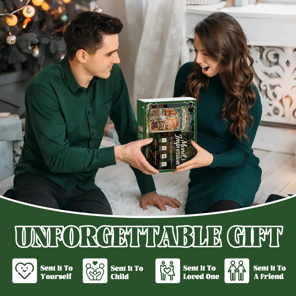 The outside is adorned with climbing vines, wisteria, flowers, and leafy plants.
Natural wood tones and greenery give the piece a cozy, garden-like feel. Decorative elements like tiny books, pots, and shelves add personality.