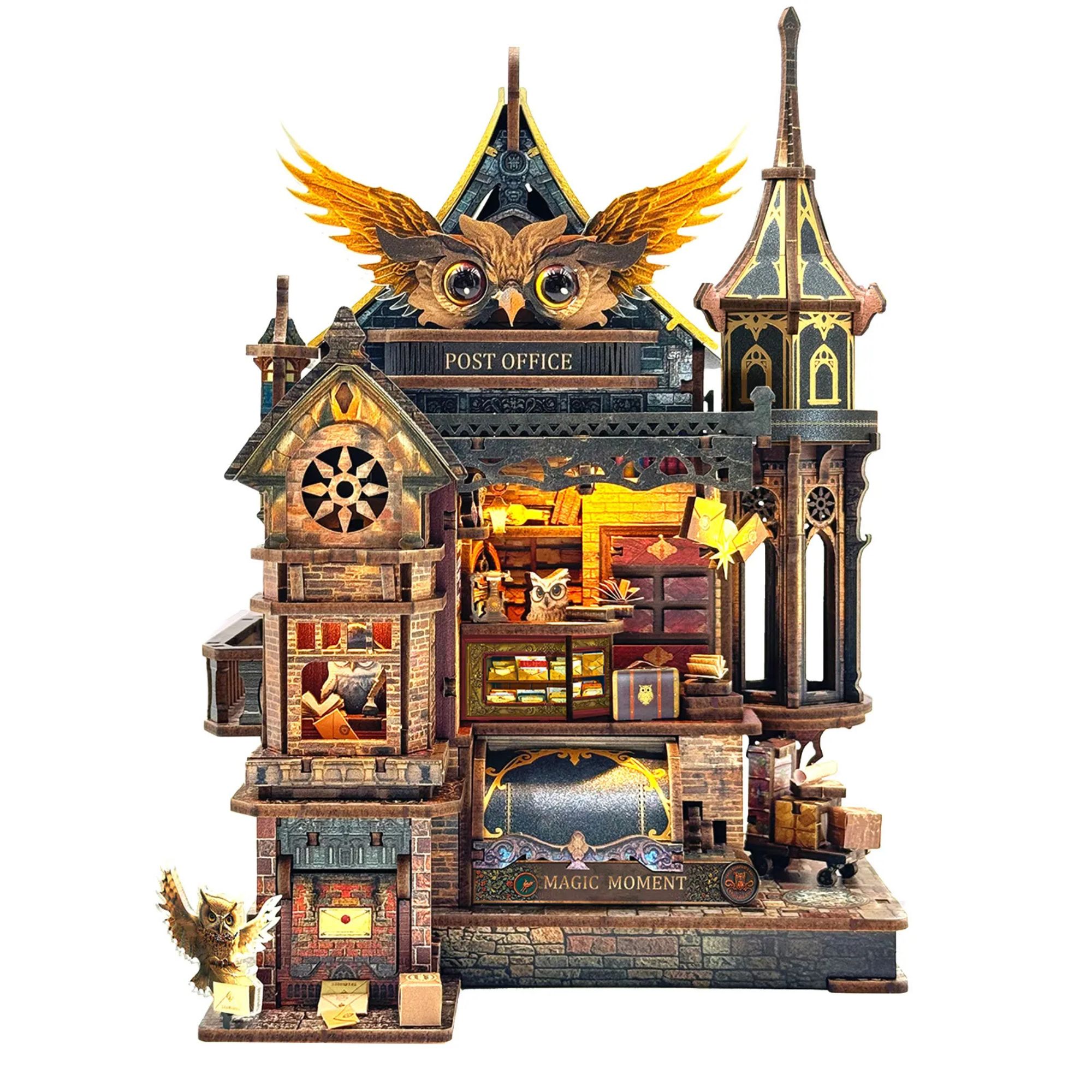 Owl Post Office DIY Miniature Kit | Light-Up Diorama with Sound & Moving Gears