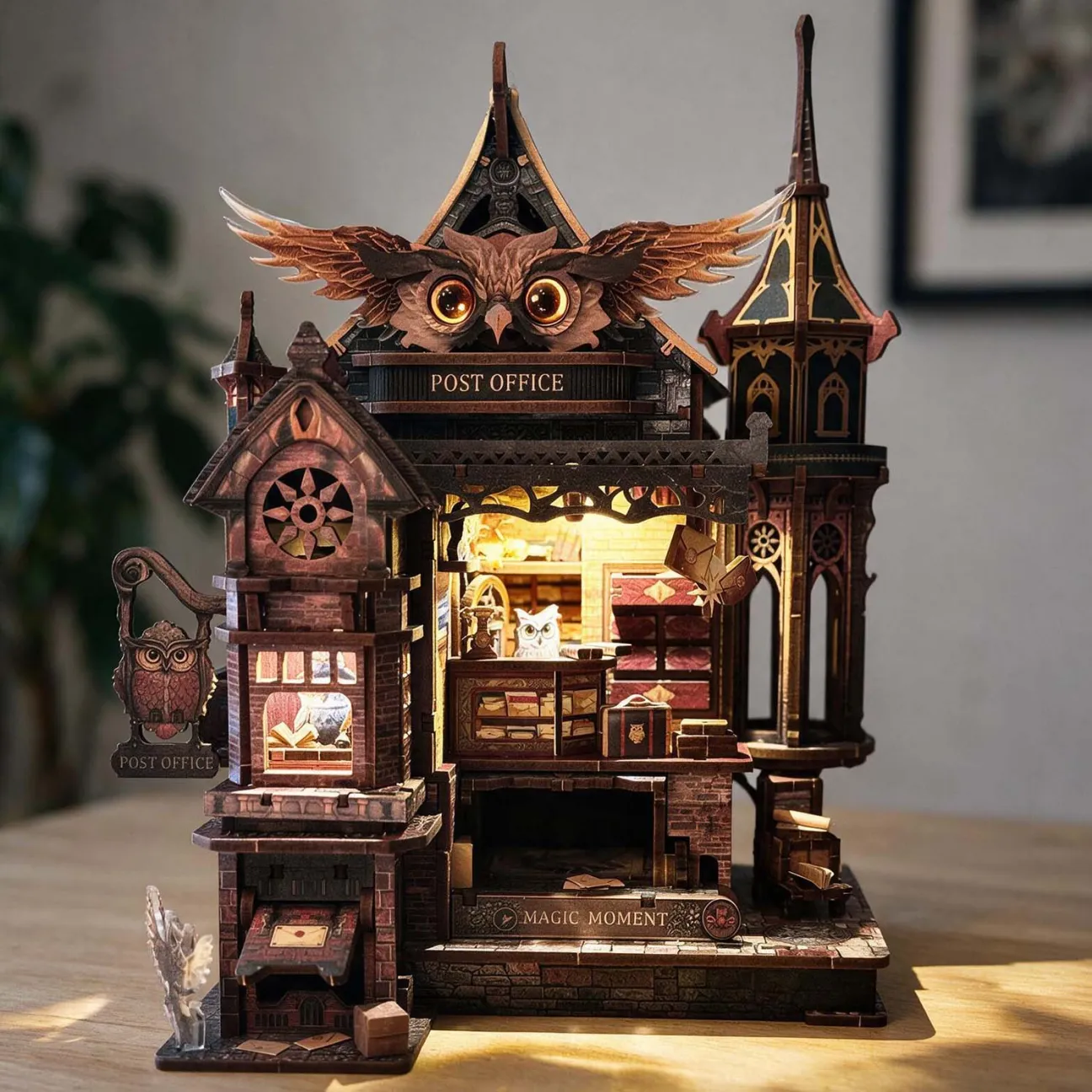 Owl Post Office DIY Miniature Kit Light-Up Diorama with Sound & Moving Gears BNW