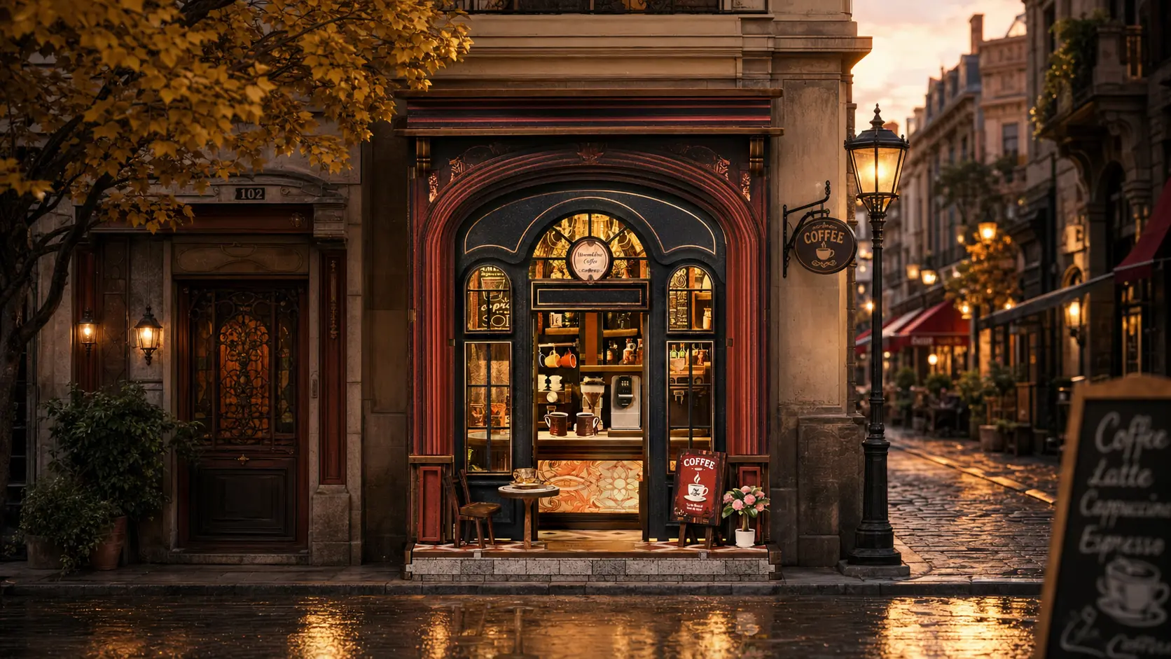 Warm Amber Glow Embraces a Cozy European Café
