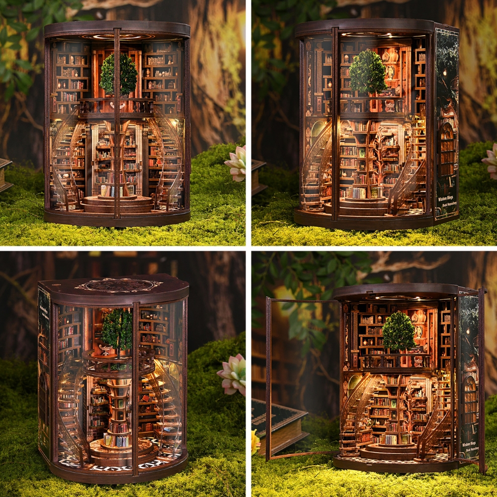 A central “wisdom tree,” spiral staircases, hourglass-shaped and tree-shaped bookshelves, a display cabinet filled with curiosities, and a cozy armchair corner.