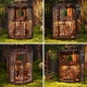 A central “wisdom tree,” spiral staircases, hourglass-shaped and tree-shaped bookshelves, a display cabinet filled with curiosities, and a cozy armchair corner.