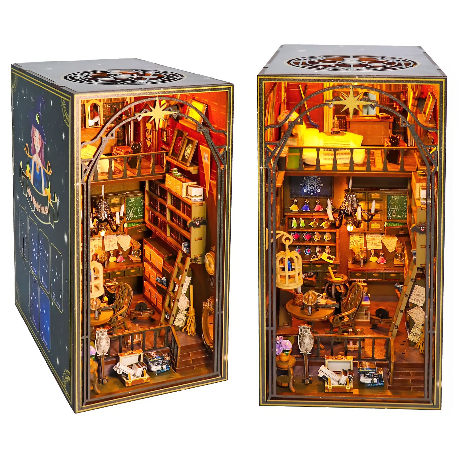 3D Wooden Puzzle Bookends, DIY Book Nook Kit, Magic Book House Model  Building Kit Insert Decor with Sensor Light TG-UUA-53 - The Home Depot