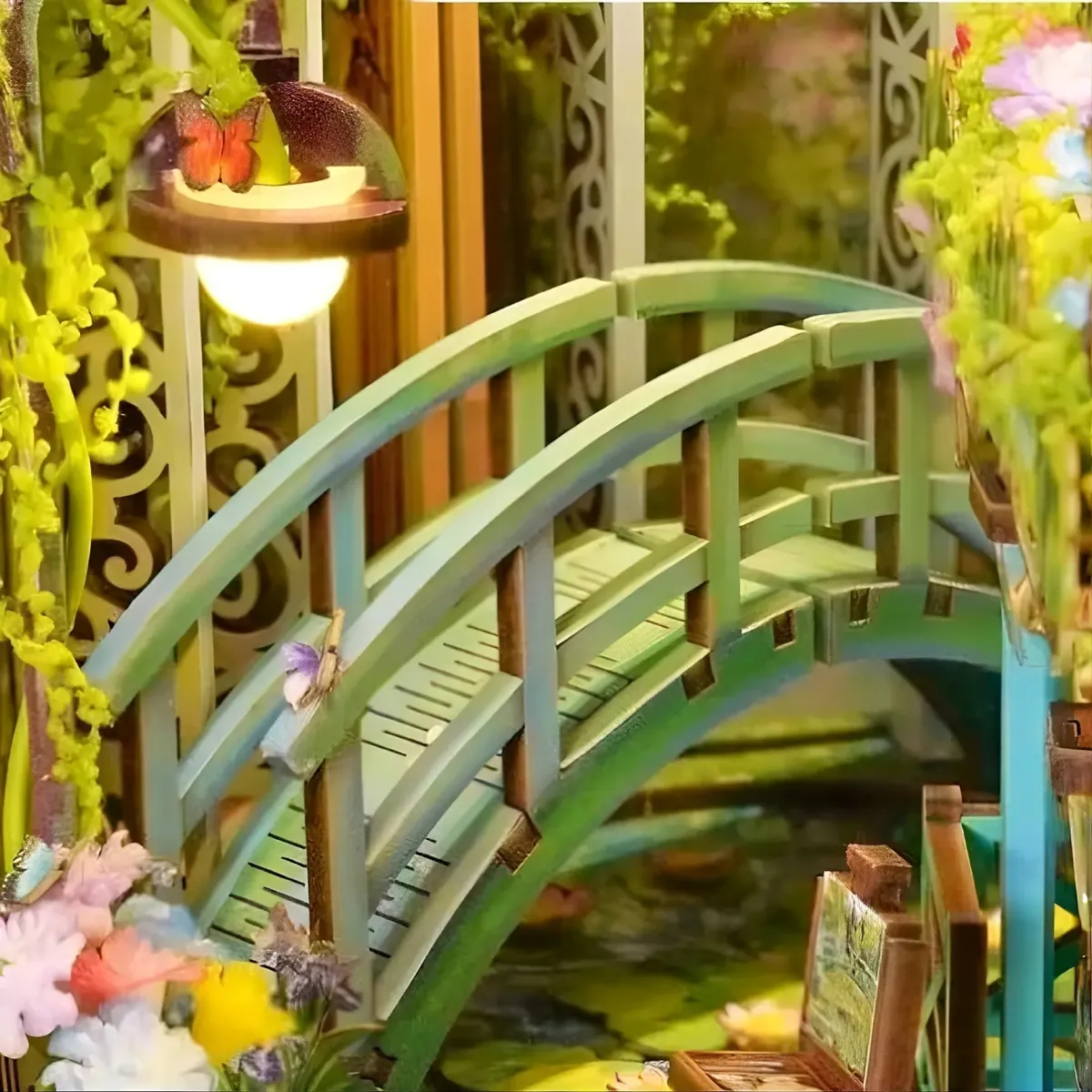 Gradient Mint Green Arched Wooden Footbridge