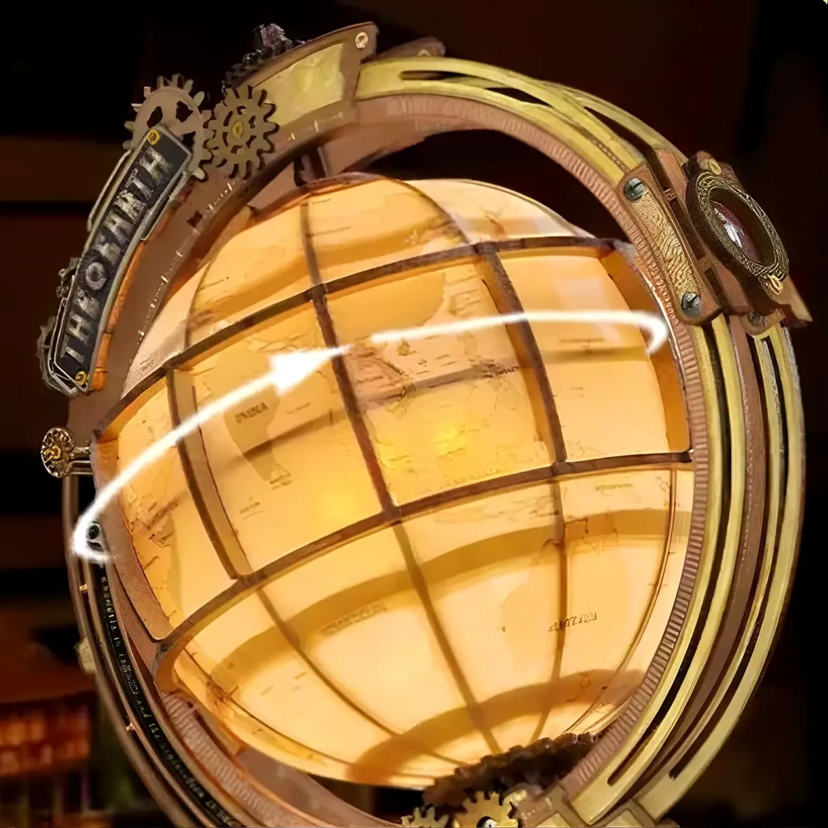 Steampunk-Drehglobus mit warmer Innenbeleuchtung