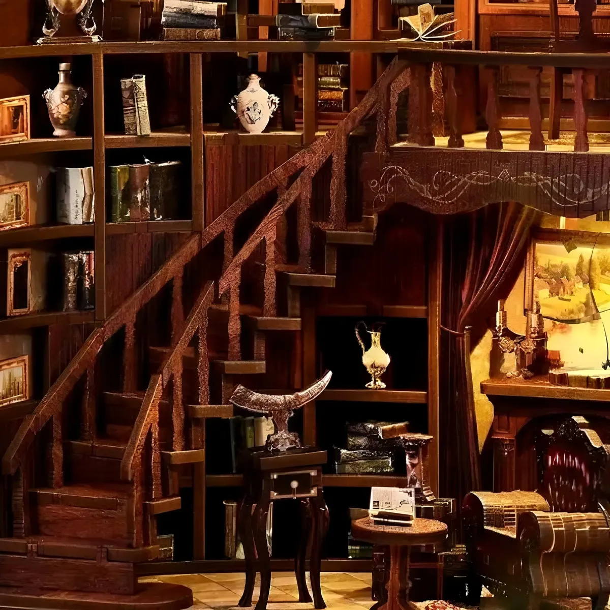Structure de bibliothèque à deux niveaux avec escalier de connexion en grain d'écorce courbé