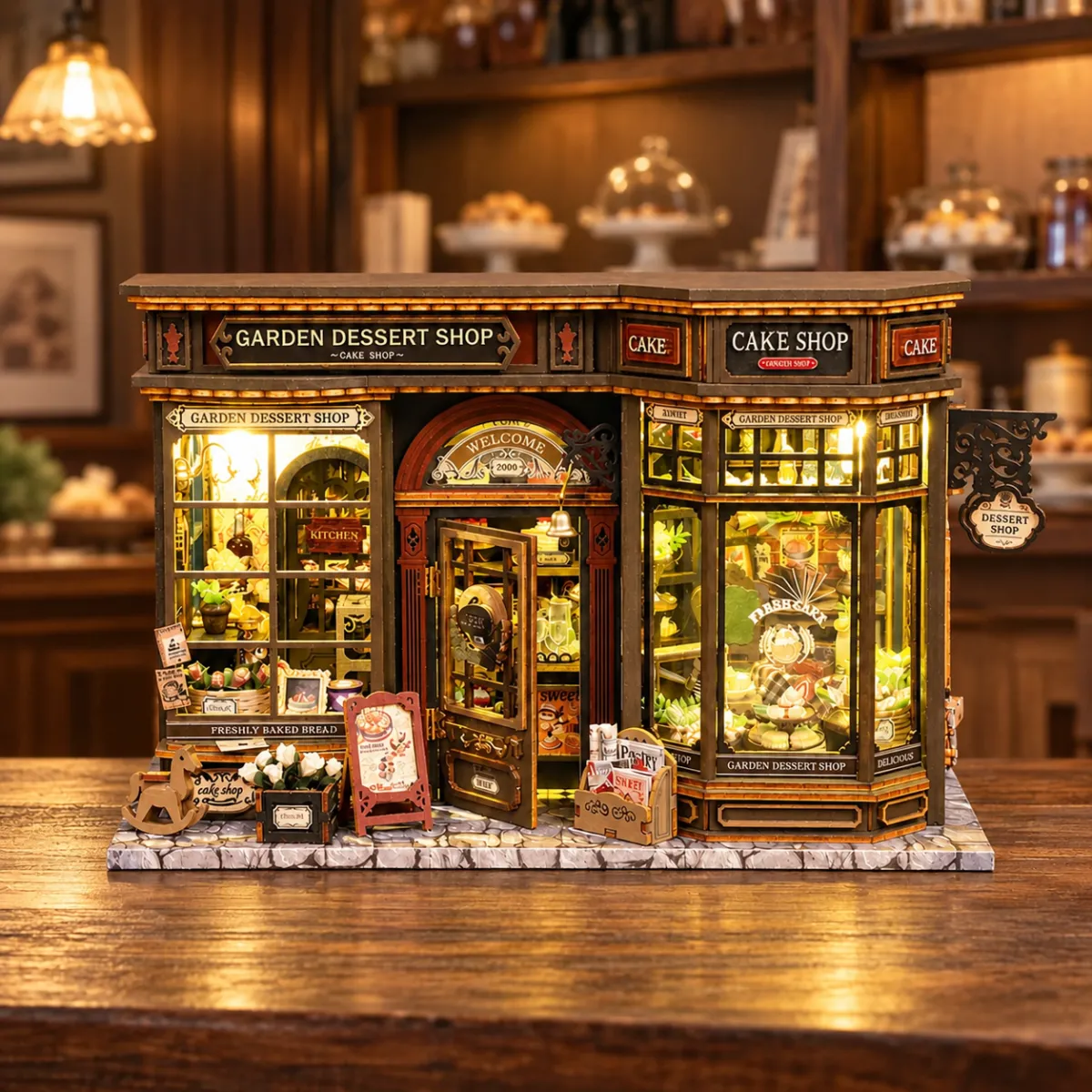Miniatuur tuindessertwinkel doe-het-zelf bouwpakket met het licht aan