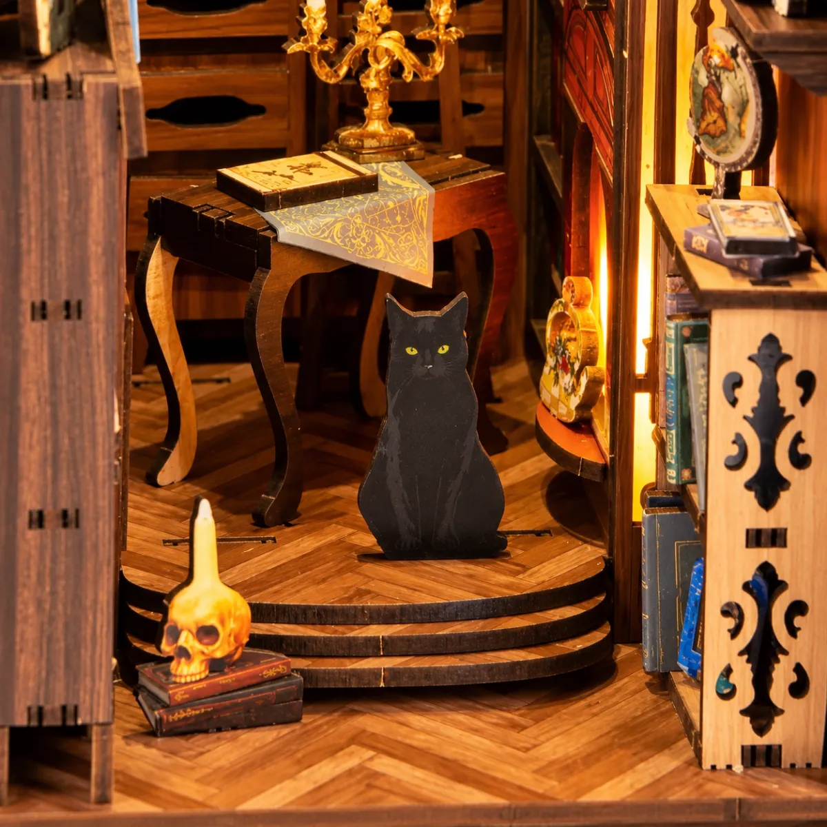 Schwarze Katze im Arbeitszimmer des Gelehrten