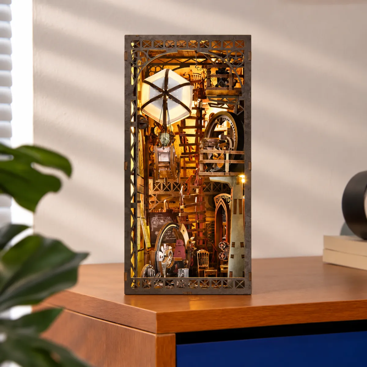 Uncle Peter’s Warehouse DIY Book Nook Kit with lights on