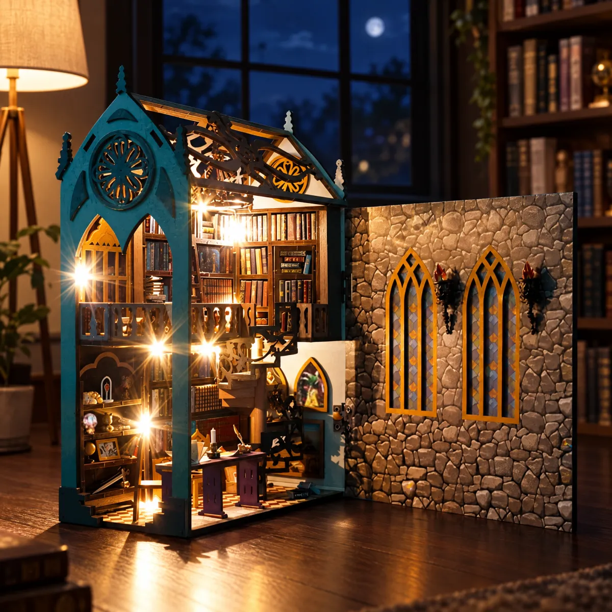 Oude bibliotheek doe-het-zelf boekenhoekje bouwpakket met het licht aan