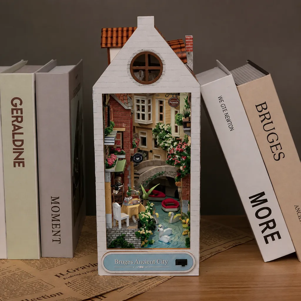 Bruges Ancient City DIY Book Nook Kit with lights off