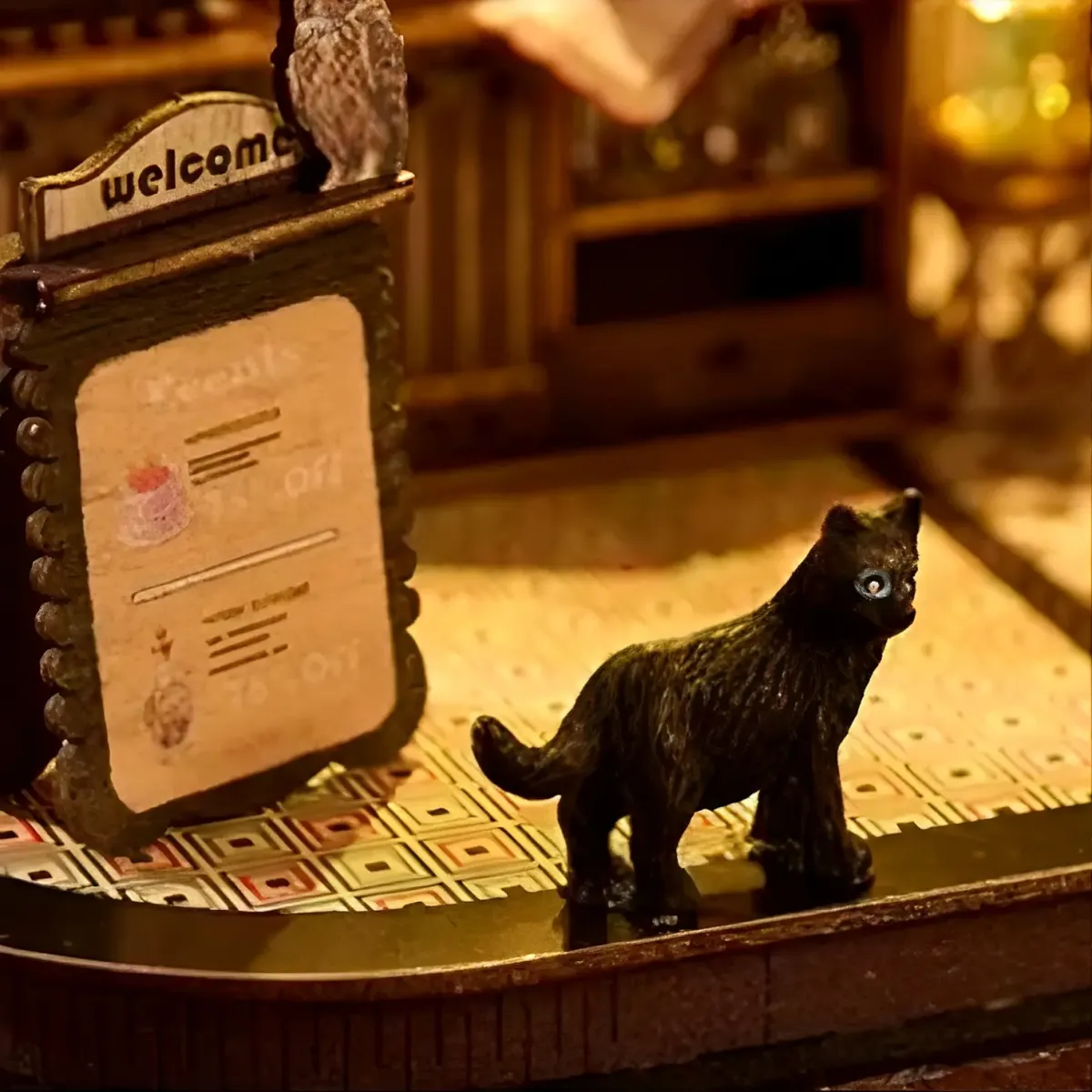Welcome Board & Lifelike Black Cat Ornament