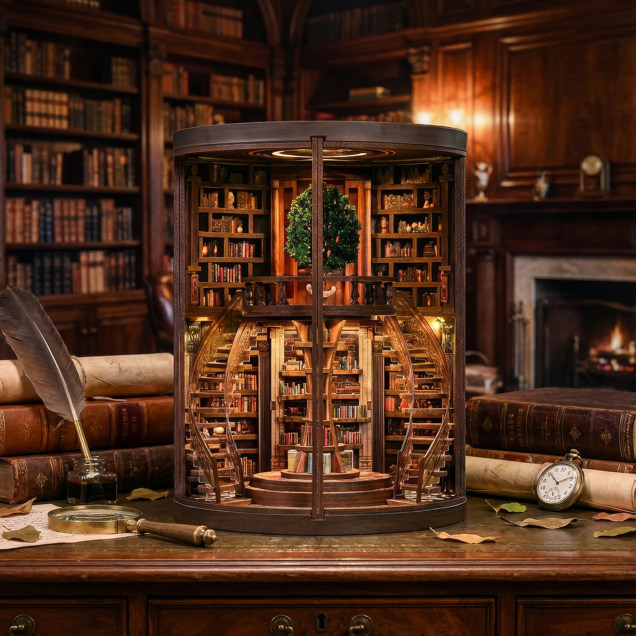 Wisdom Rings DIY Book Nook miniature library with hourglass and tree-shaped bookshelves and a cozy armchair reading corner