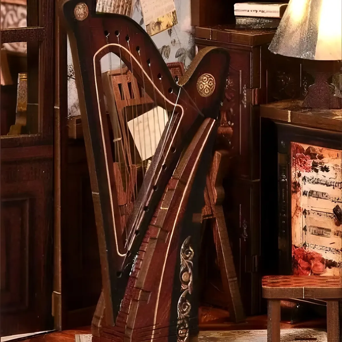 Vintage Carved Solid Wood Mini Harp Musical Ornament