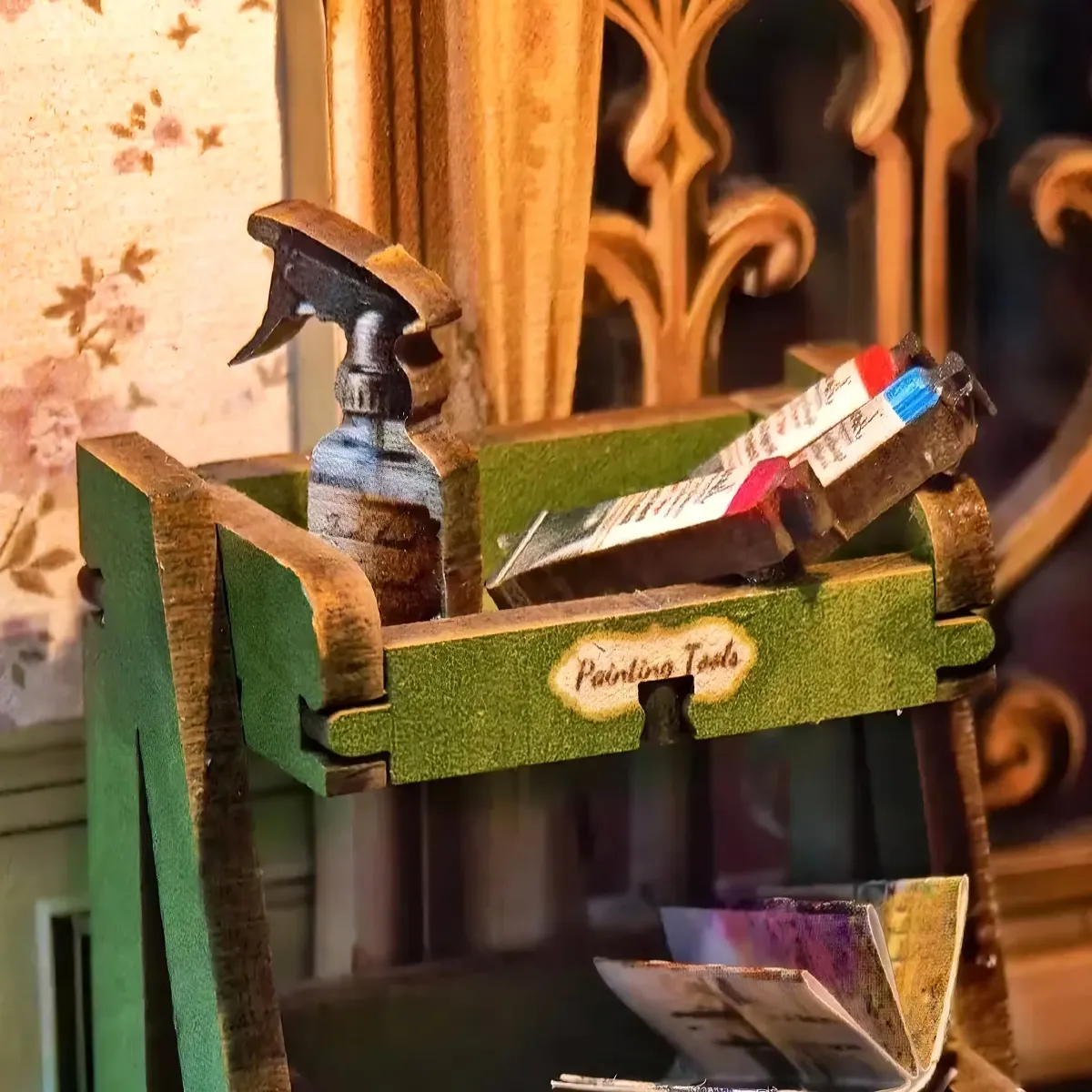 Easel-Style Green Wood Paint Supply Rack