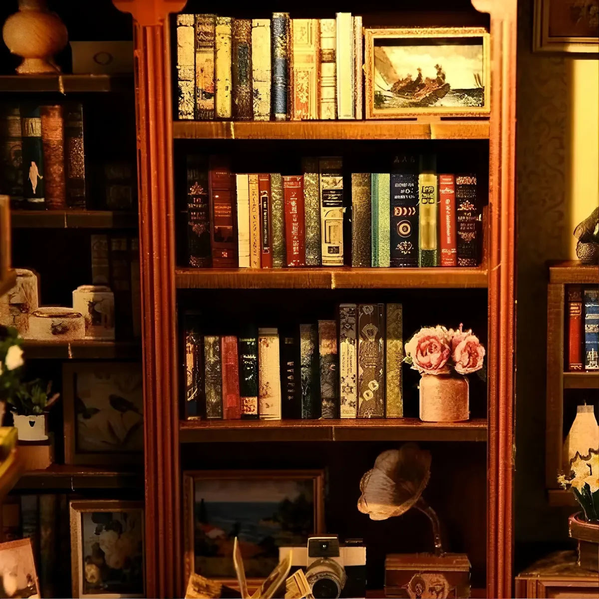 Bibliothèque vintage en bois massif à plusieurs niveaux