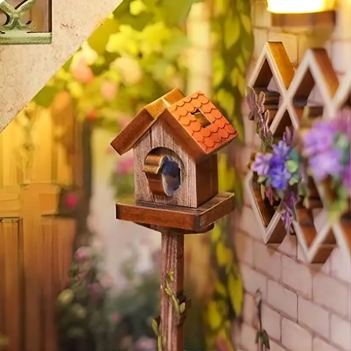 Charming Garden Birdhouse Scene Accent