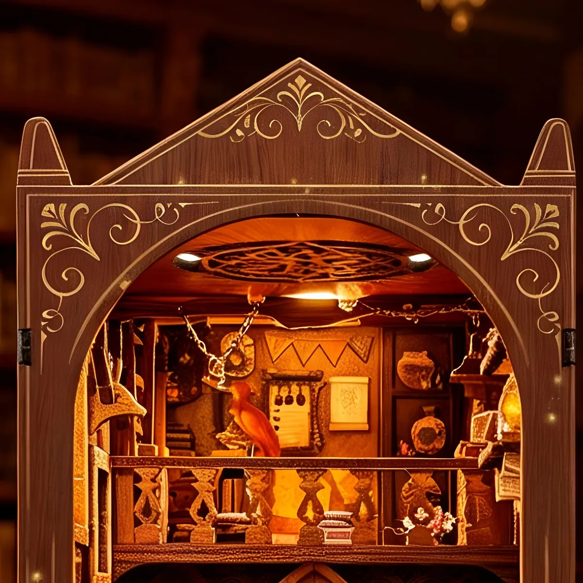 Gold Scroll Inlaid Wooden Gable Arch Frame