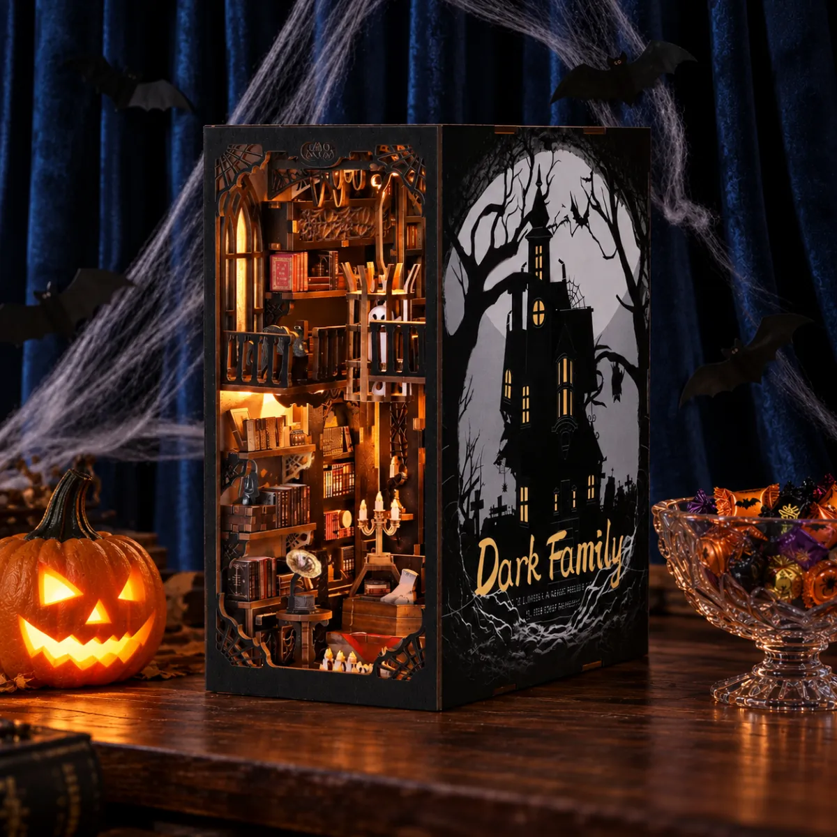 The Dark Family DIY Book Nook Kit with lights on