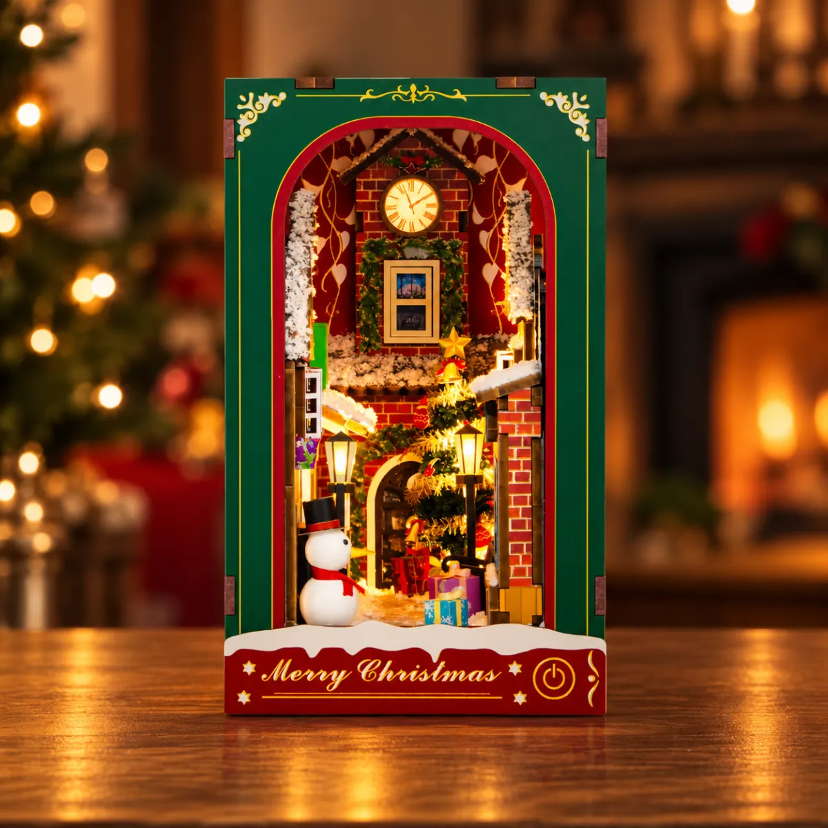 Enchanted Christmas DIY Book Nook Kit with lights on
