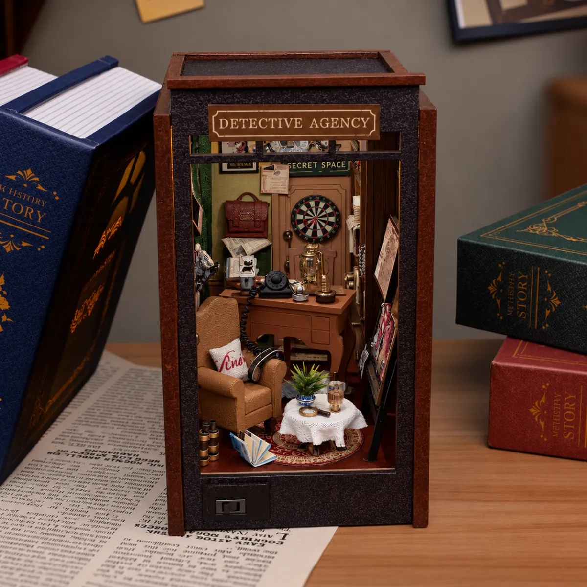 Detective Diary DIY Book Nook Kit with lights off