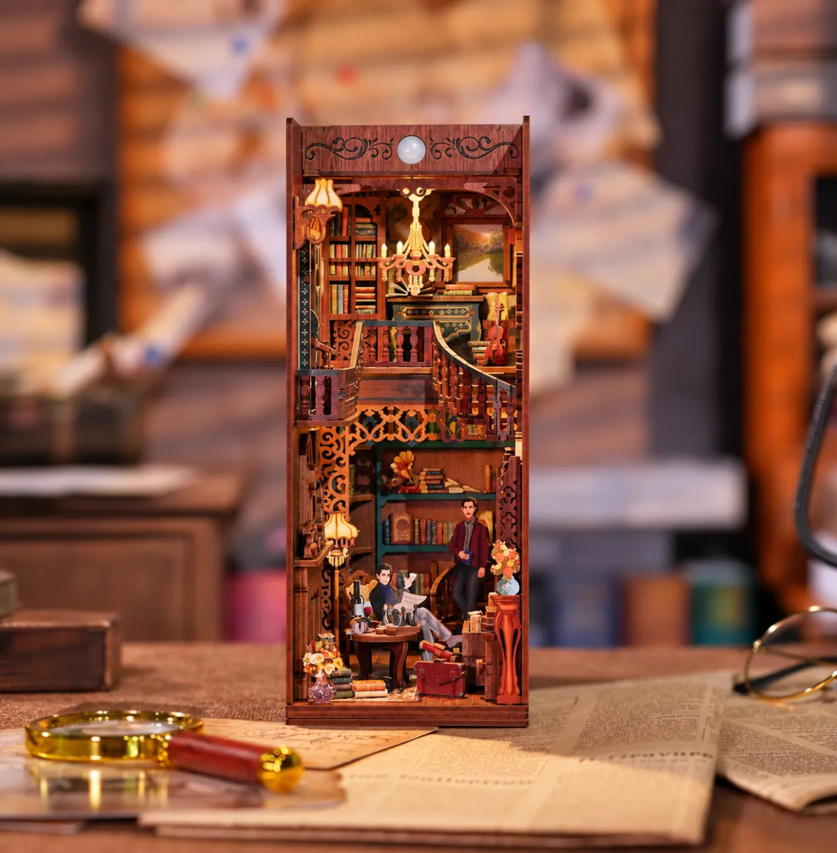 Violin Detective Agency DIY Book Nook Kit with lights on