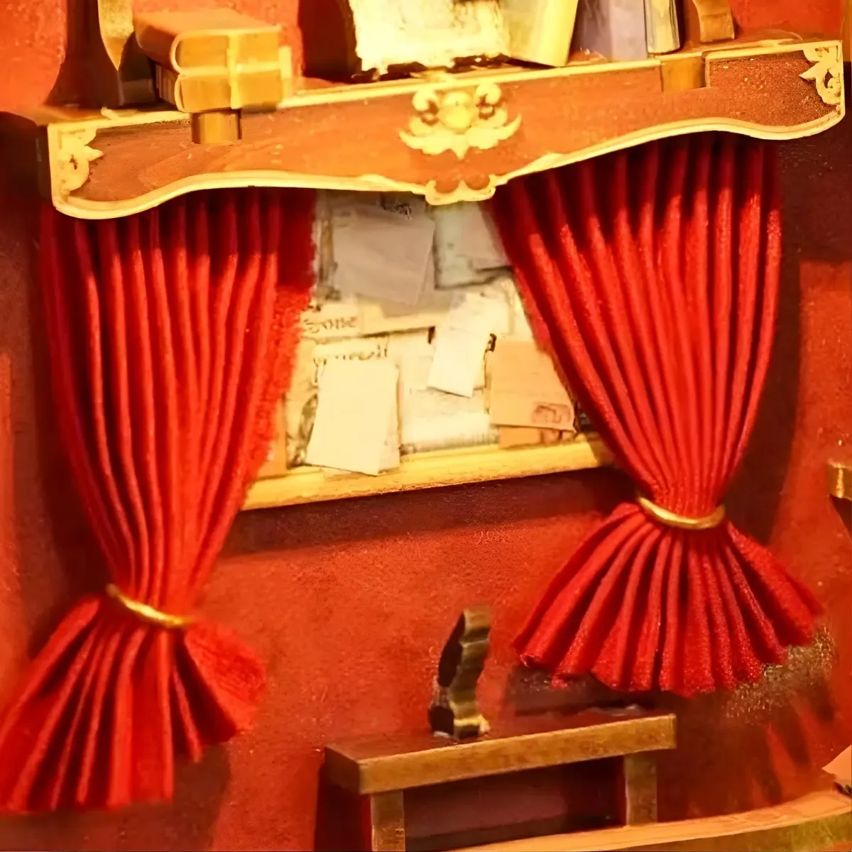 Vintage Study Window Decor With Draped Red Curtains