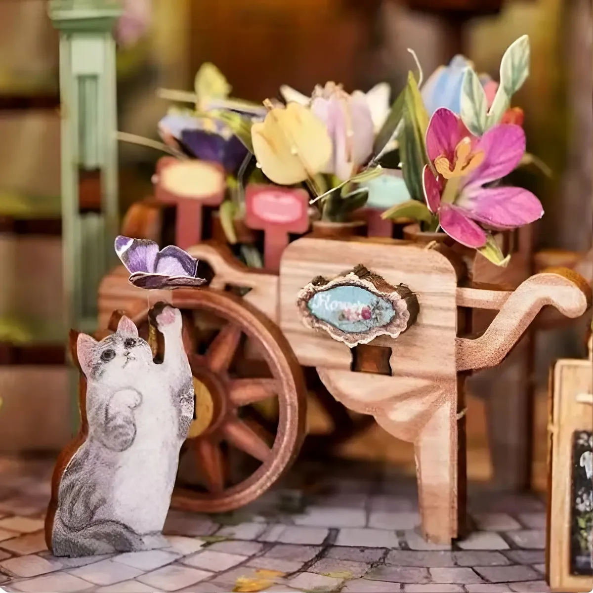 Warm Street Flower Cart Playful Pet Scene