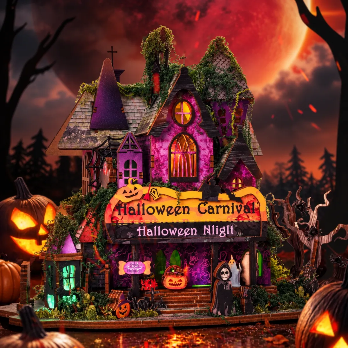 Halloween Night Mini House Kit l DIY Miniature Kit with lights on