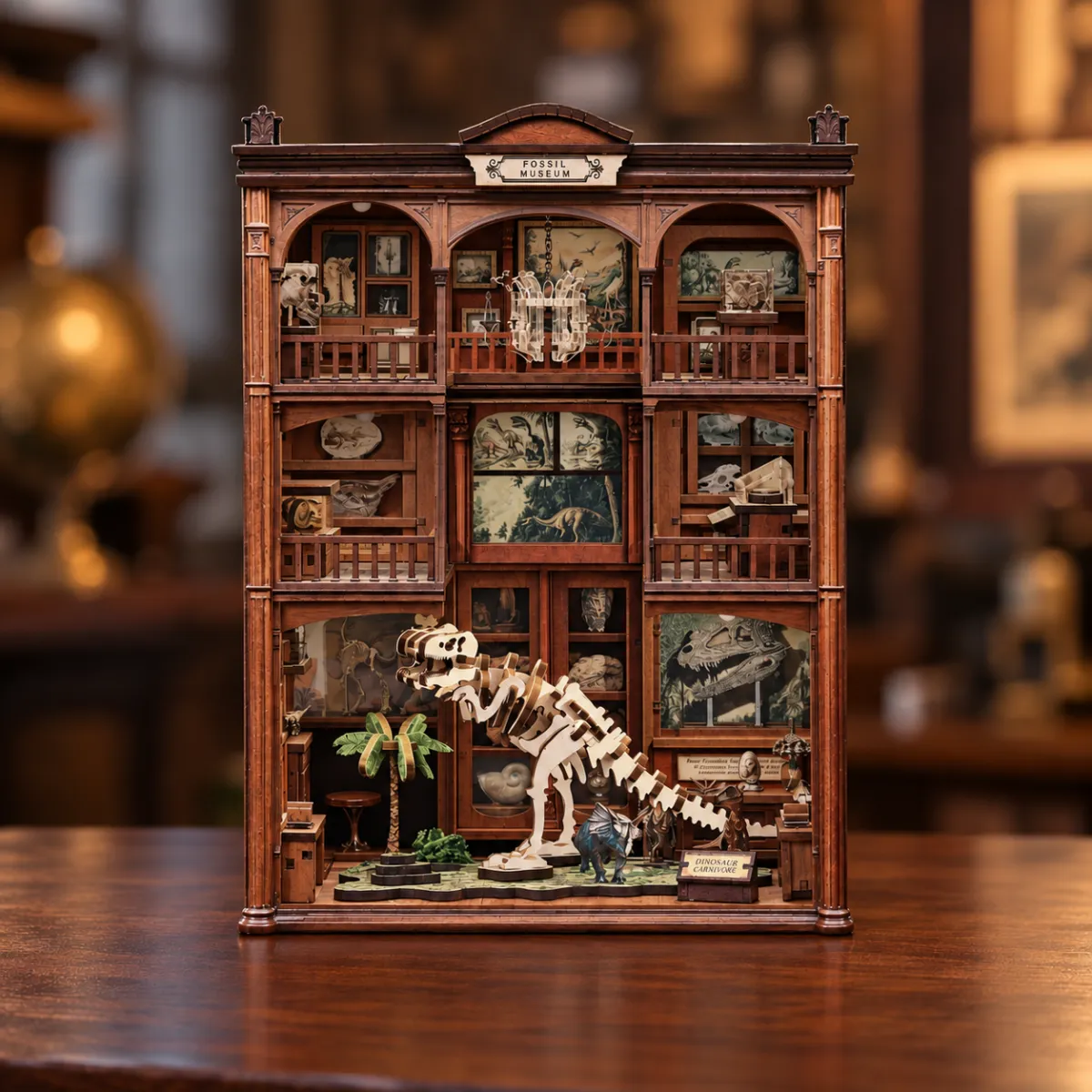 Fossil Museum DIY Book Nook Kit with lights off