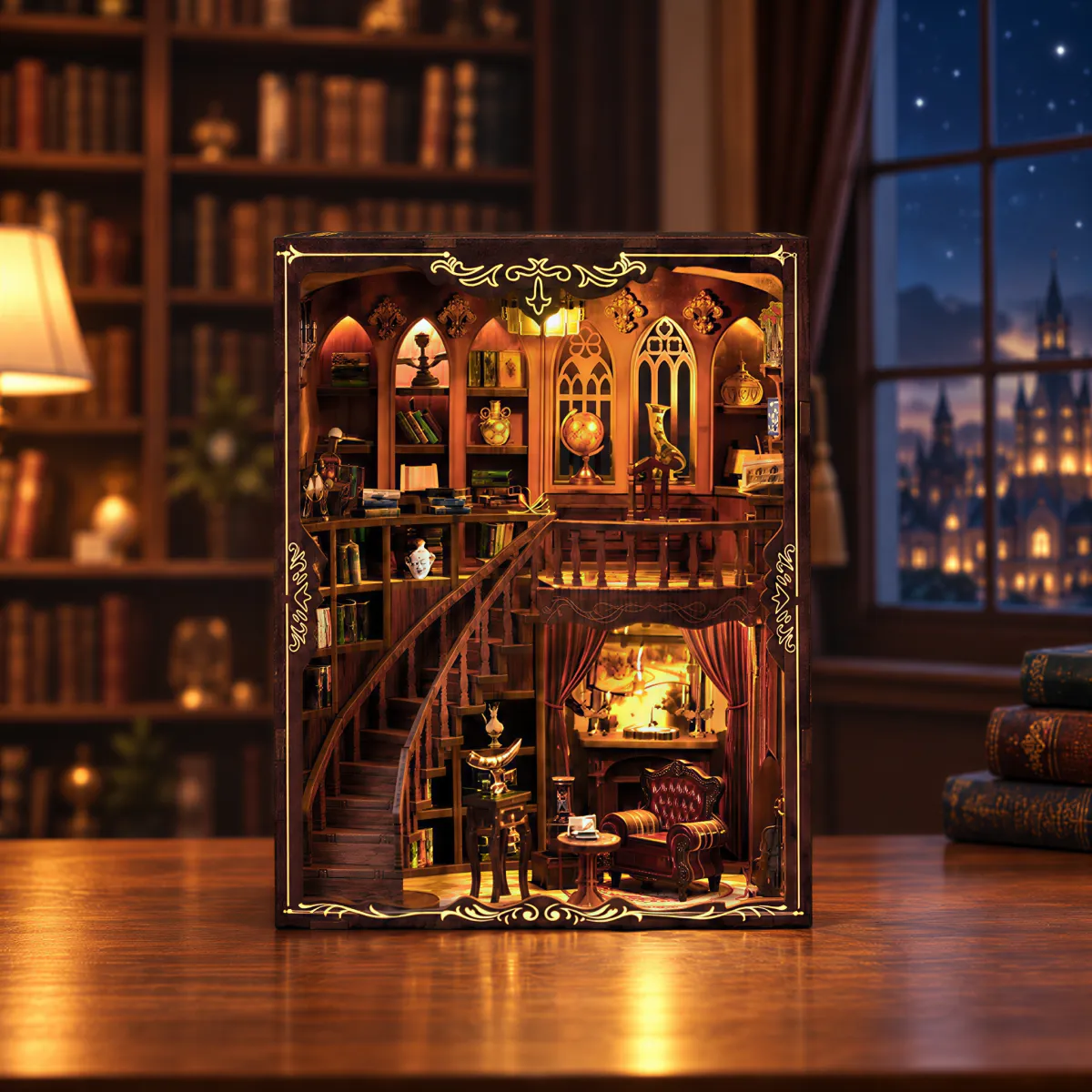 Oude rijmbibliotheek doe-het-zelf boekenhoekset met het licht aan