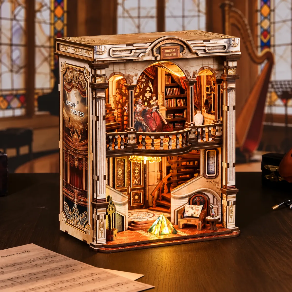 Dreamland Theater DIY Book Nook Kit with lights on