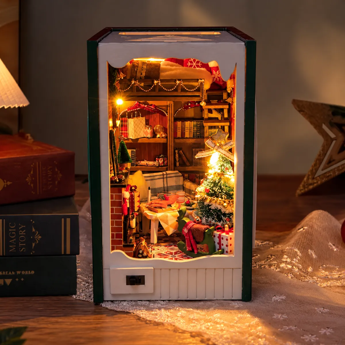 Christmas Notes DIY Book Nook Kit with lights on