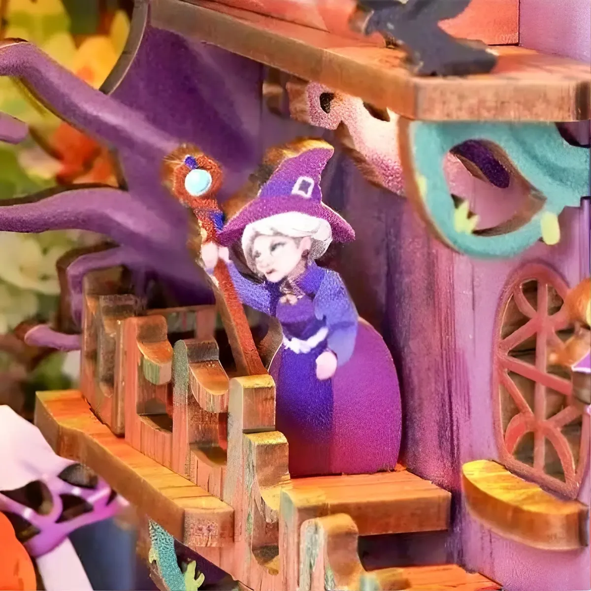 Escena de la casa del árbol de la bruja mística con acento