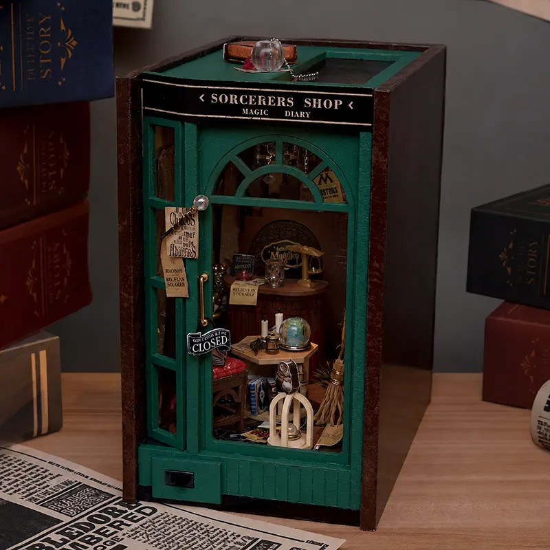 Mystic Tome: Sorcerer’s Shop DIY Book Nook Kit with lights off